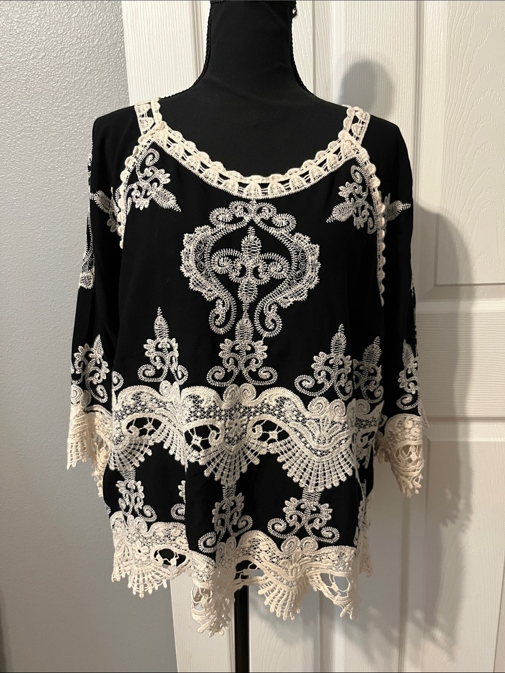 Leo & Nicole Black Top with Cream Lace Embroidery